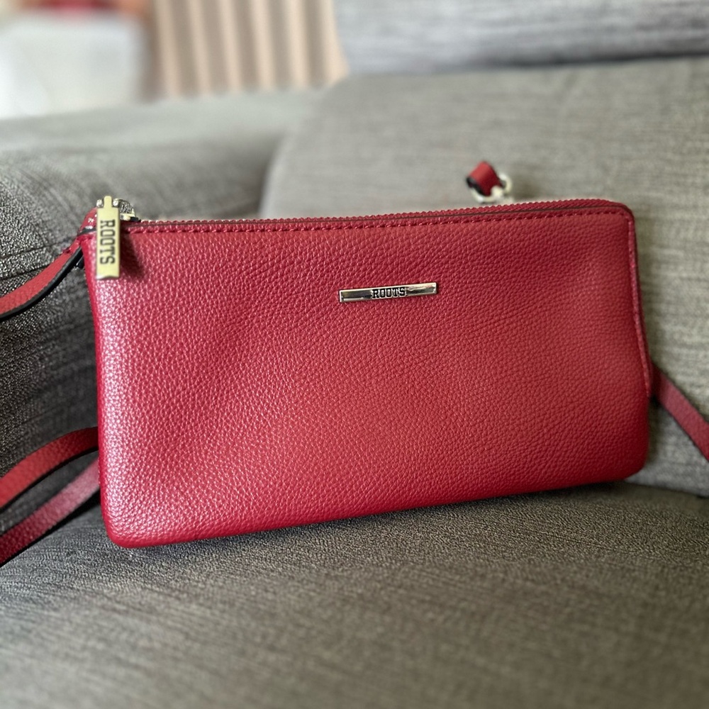 Roots Red/Burgundy Leather Clutch with Metallic Accents